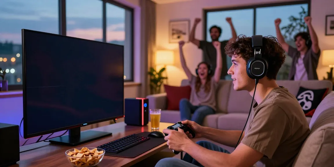 Ruang tamu nyaman dengan gamer laki-laki menikmati pertandingan esports di kingliga.