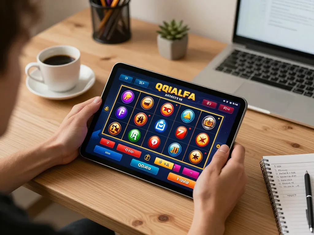 Exciting QQALFA online gaming session featuring tablet display with vibrant casino options and strategy notes.