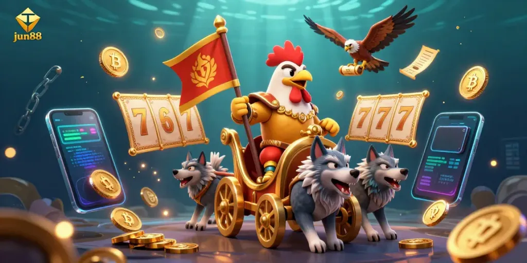 Experience the excitement of jun88 with a rooster warlord in a golden chariot, surrounded by dynamic slot gaming elements.