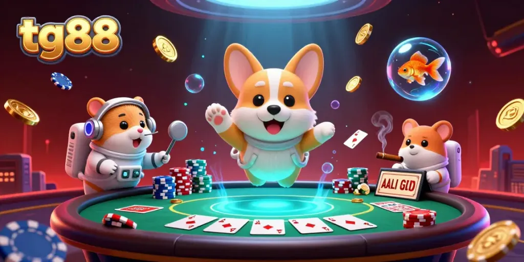 The corgi character representing tg88 entertains players in a zero-gravity casino filled with poker chips and golden coins.