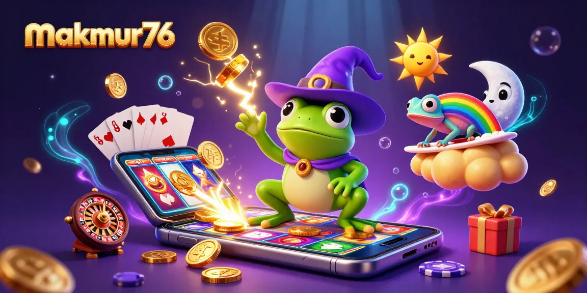 Experience the thrill of makmur76 with a whimsical scene of a frog wizard, chameleon, and vibrant gambling elements!