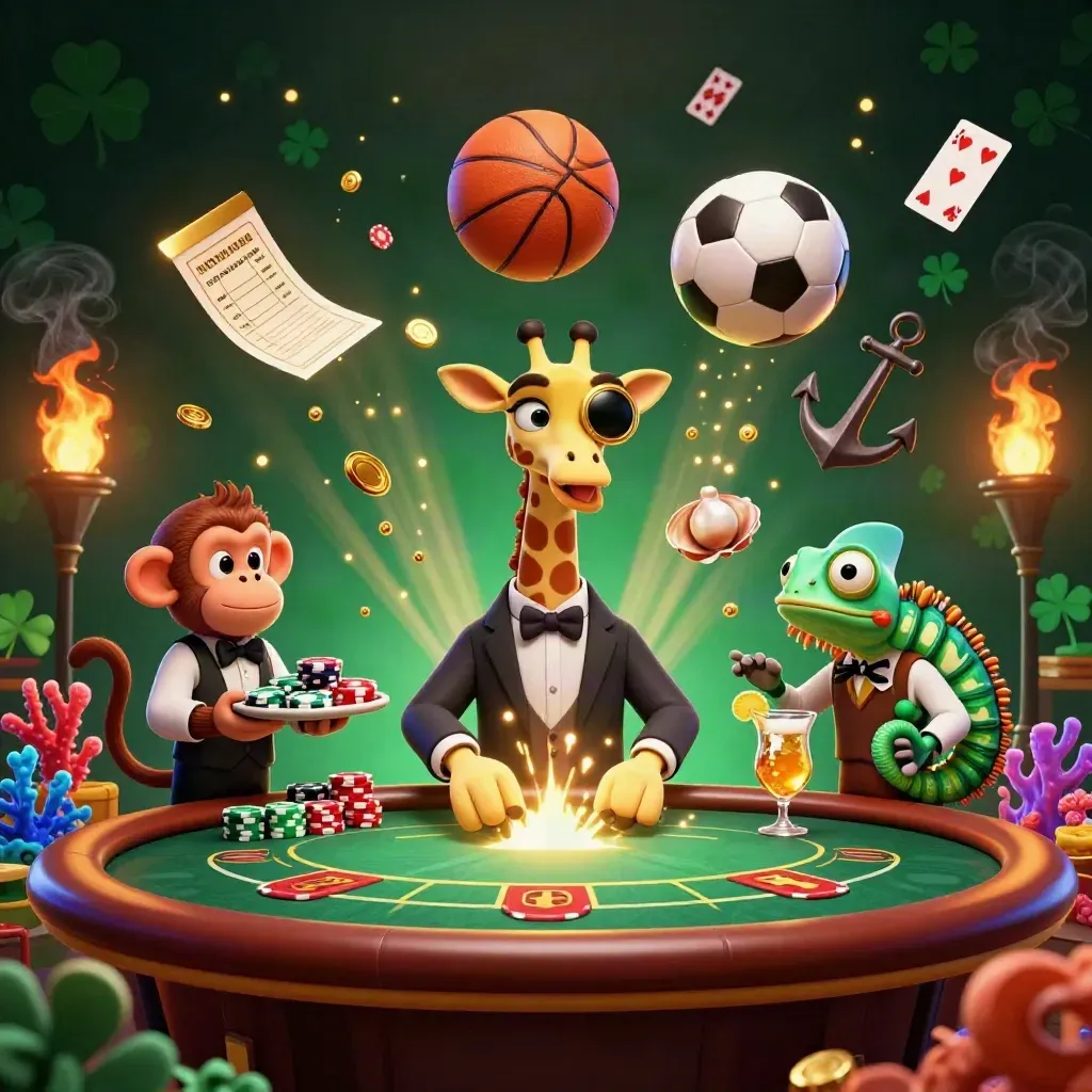 Jerapah, monyet, dan bunglon kasino di meja VIP dengan bola basket dan sepak bola melayang