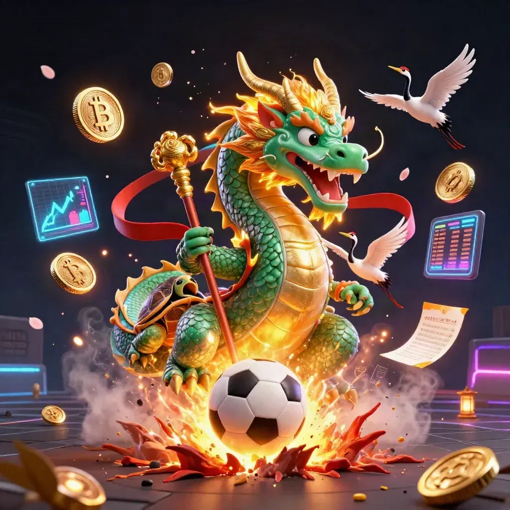 Naga hijau, kura-kura bijak, dan bangau di adegan sepak bola neon dengan koin crypto.