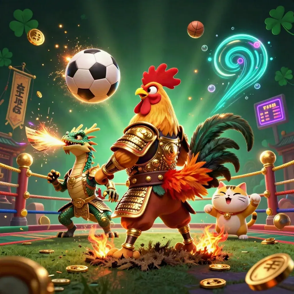 Ayam samurai, bayi naga, dan kucing keberuntungan di arena neon dengan bola dan koin melayang.