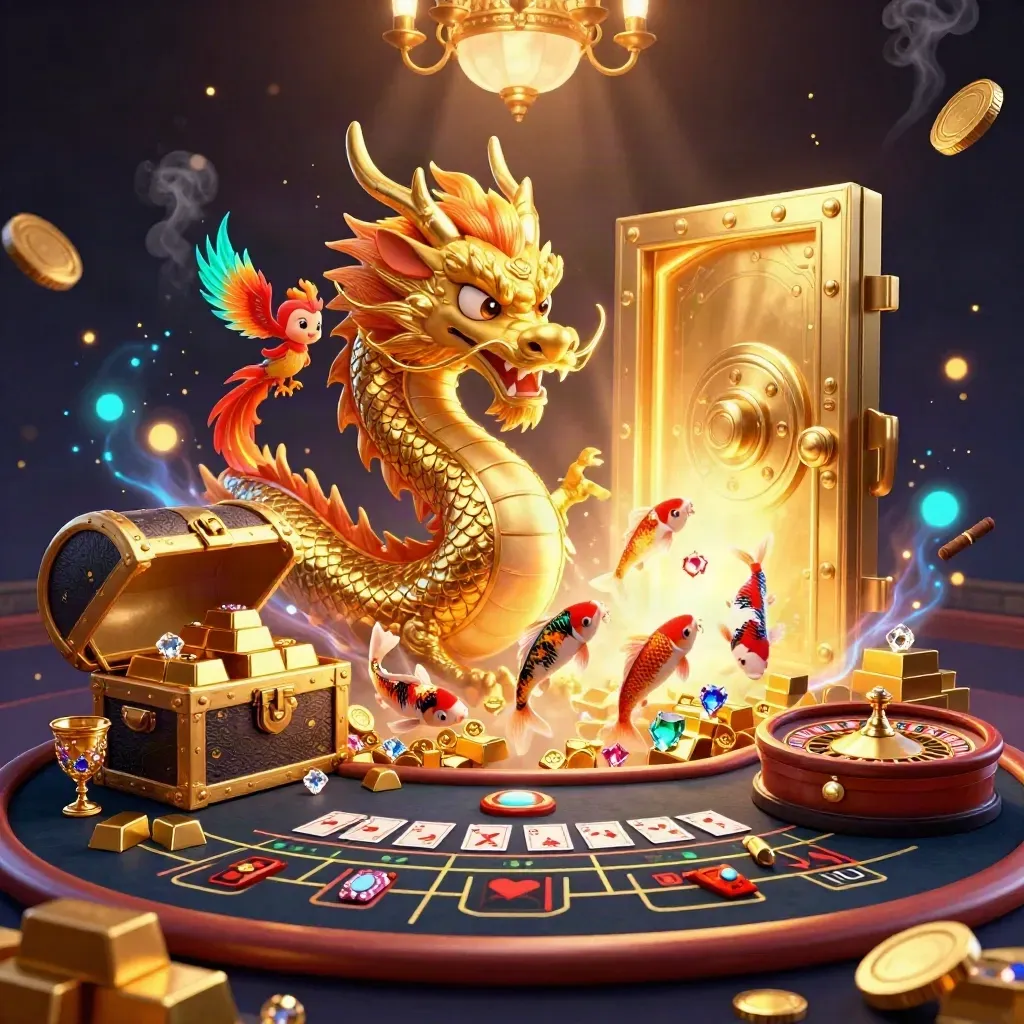 Naga emas, phoenix merah, koi, dan harta kasino mewah di latar navy-gold sinematik.