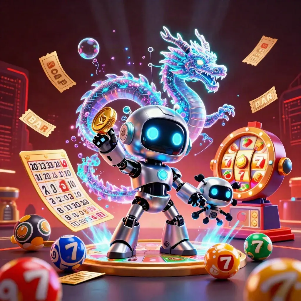 Robot cyberpunk, naga holografik, dan drone koin di ledakan neon kasino dengan bola angka dan roda hadiah.