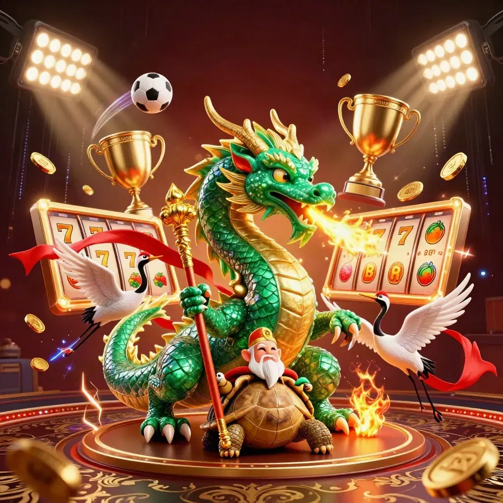 Naga jade, kura-kura bijak, dan bangau dikelilingi simbol slot emas neon.