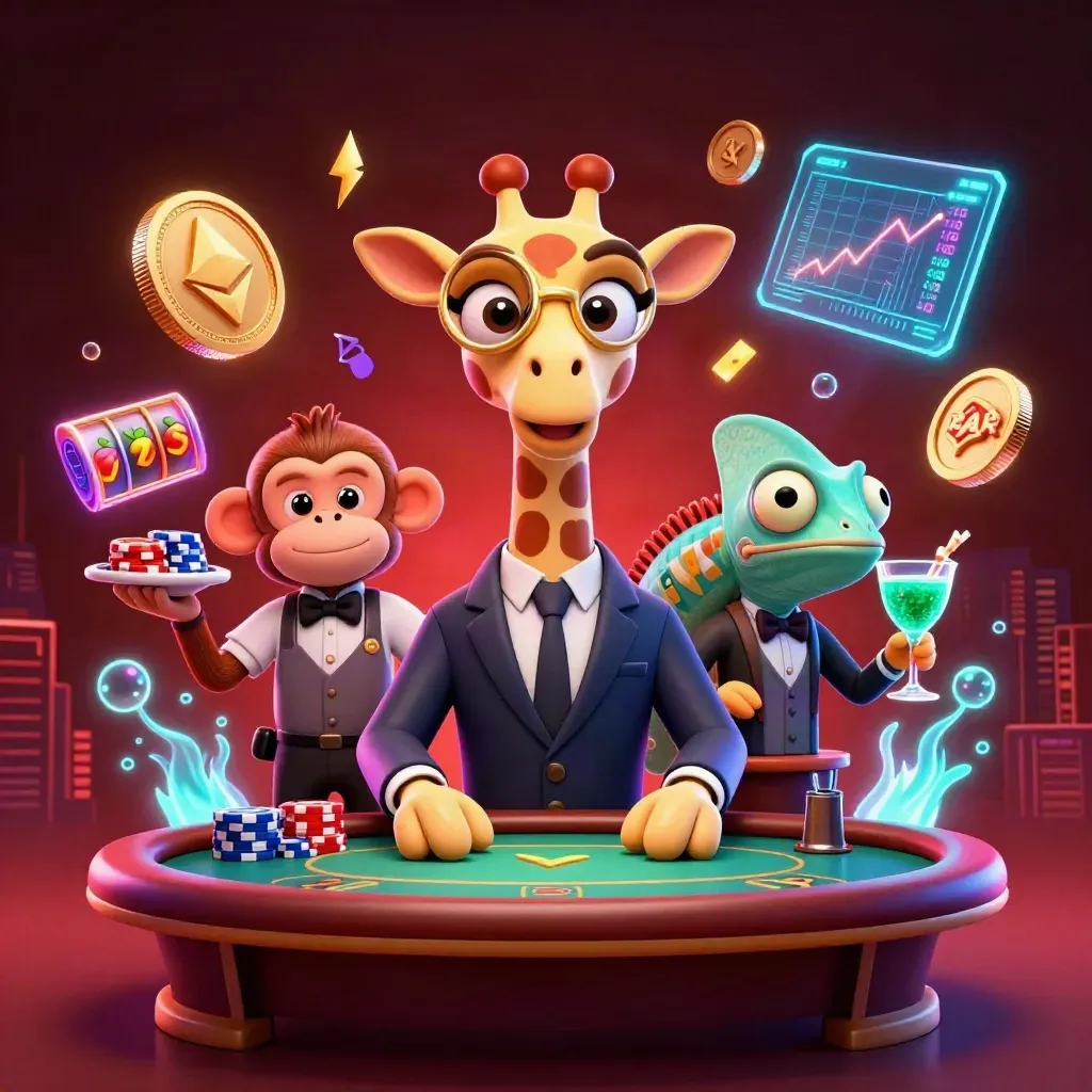 Jerapah hi-roller, monyet valet, dan bunglon bartender di meja poker neon hijau.