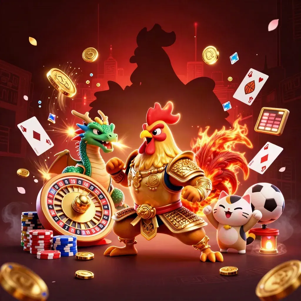 Ayam samurai, naga kecil, dan kucing keberuntungan di antara koin dan roda roulette mewah.
