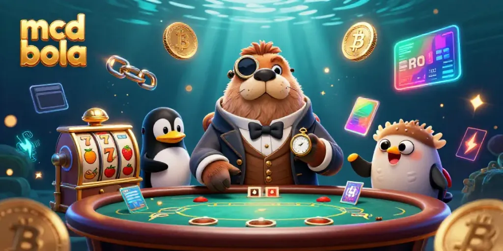Menangkan permainan poker dengan karakter unik dalam ilustrasi 3D mcd bola di kasino bawah laut.