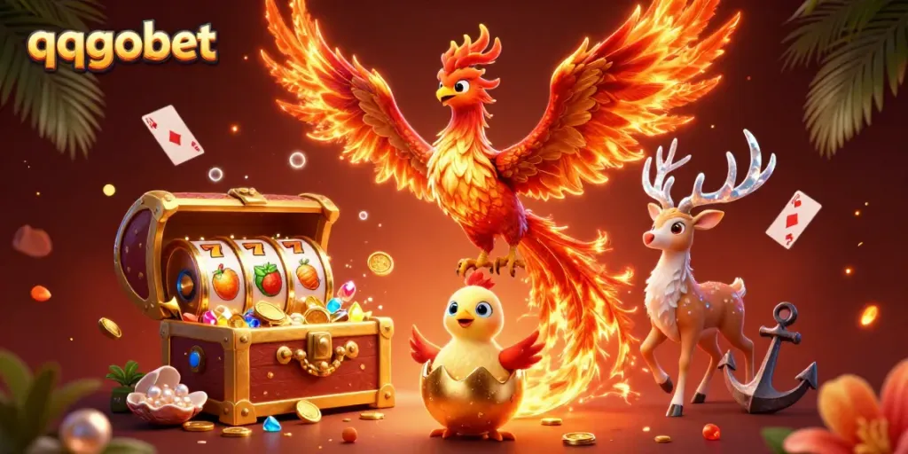 Permainan slot qqgobet dengan phoenix dan harta karun yang bersinar.