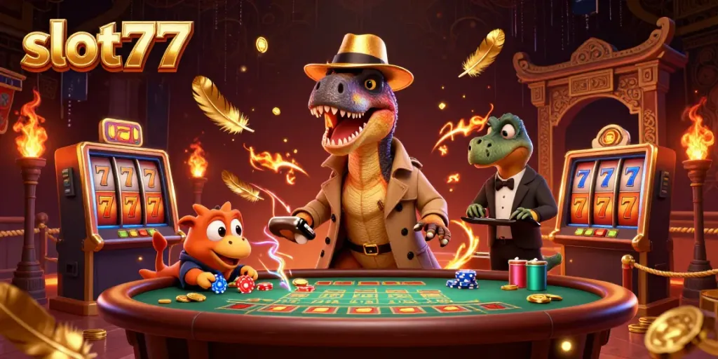 Slot77 menghadirkan pengalaman menang yang mengasyikkan dalam ilustrasi kasino hidup dengan karakter unik.