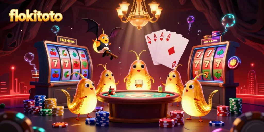 Experience the thrill of slots with flokitoto, illuminated by glowworms in a vibrant cave casino scene.