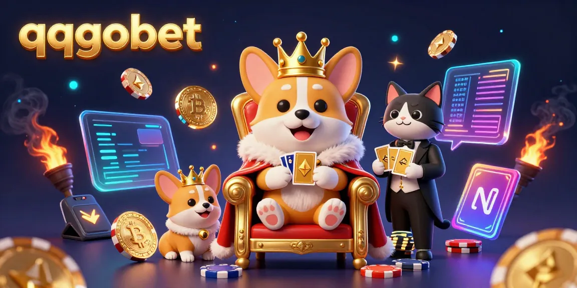 Engage in thrilling crypto gaming with qqgobet's vibrant illustration featuring a royal corgi on a throne of poker chips.