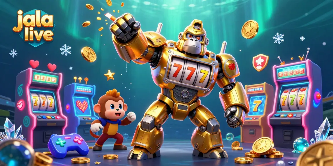 Experience jala live with a vibrant, ultra-detailed 3D illustration showing a gaming mech bursting with coins in a lively gambling environment.