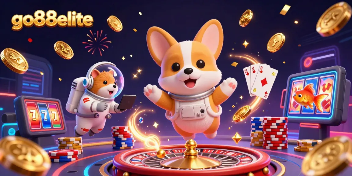 Experience the excitement of go88elite with a playful scene of a floating corgi in a space casino, showcasing vibrant elements of fun and games.