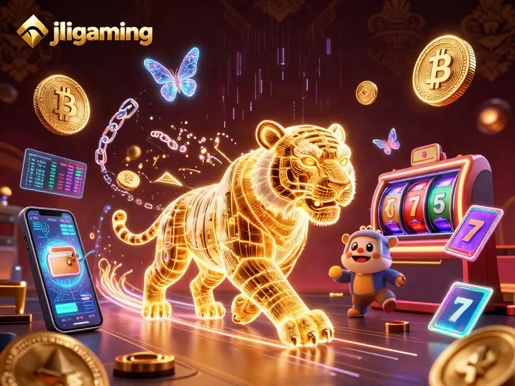 Engage with jiligaming in an energetic digital casino landscape showcasing vibrant slot elements and cryptocurrency.