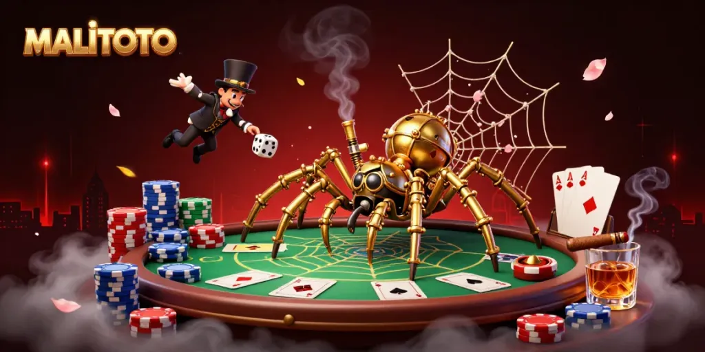 Engaging scene of MALITOTO featuring a steampunk spider at a poker table, whimsical and dynamic.