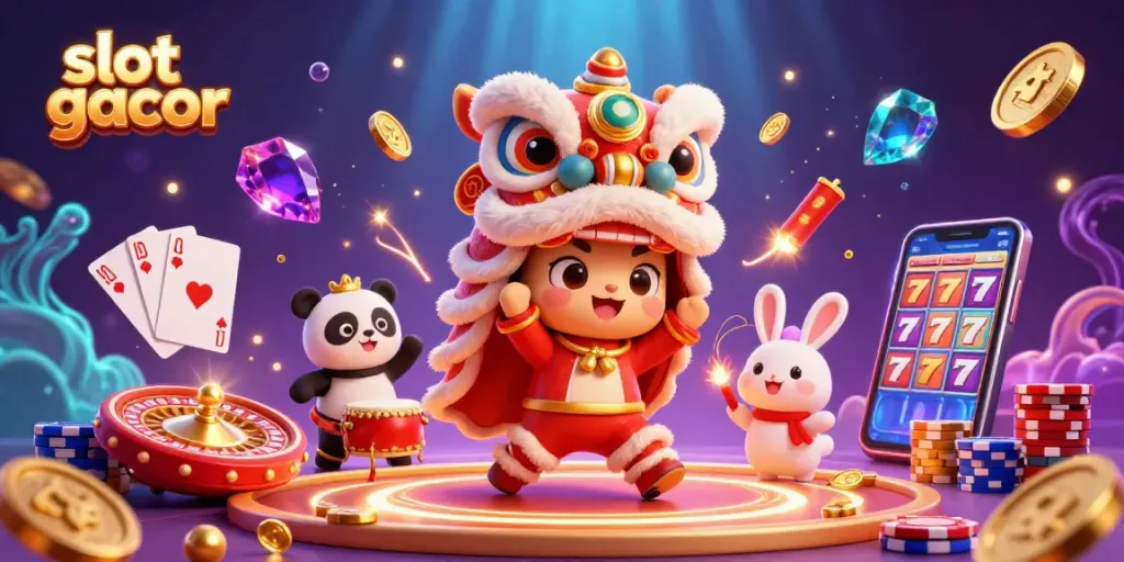 Experience the thrill of slot gacor with animated characters amidst cascading coins and vibrant casino elements.