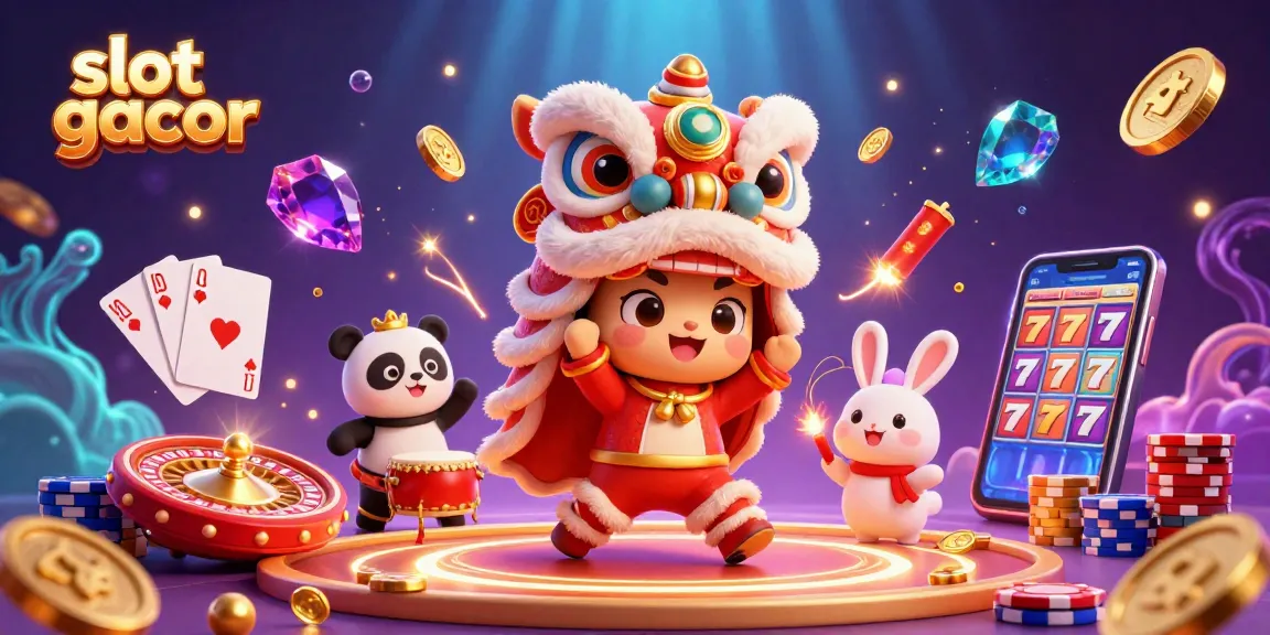 Experience the thrill of slot gacor with animated characters amidst cascading coins and vibrant casino elements.