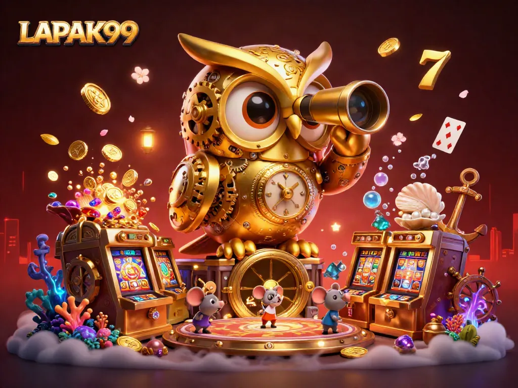 LAPAK99 invites players to engage with vibrant slot machines amidst whimsical elements in a magical casino scene.