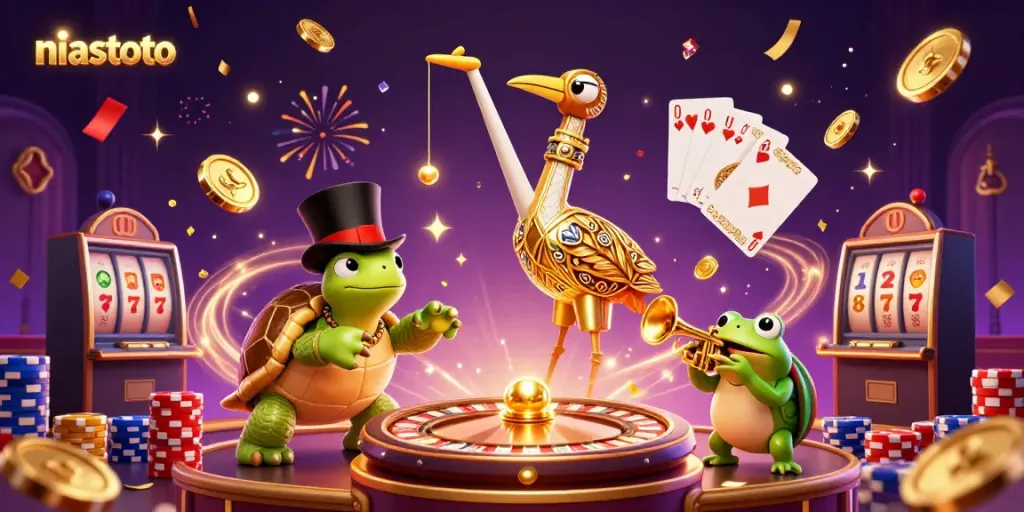 Experience the excitement of niastoto with vibrant characters, golden coins, and casino elements in this lively illustration.