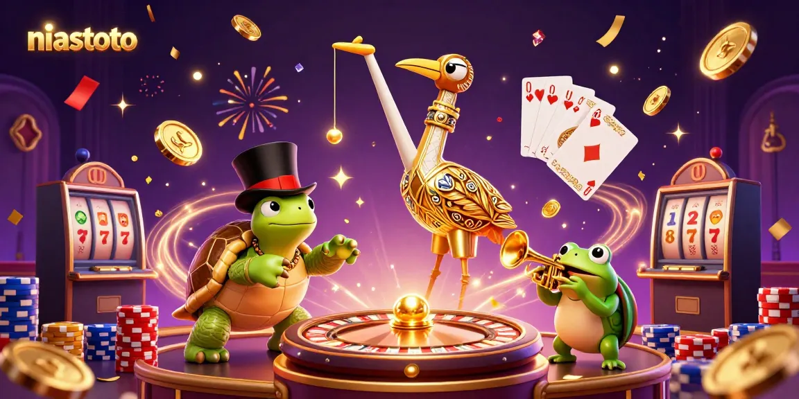 Experience the excitement of niastoto with vibrant characters, golden coins, and casino elements in this lively illustration.