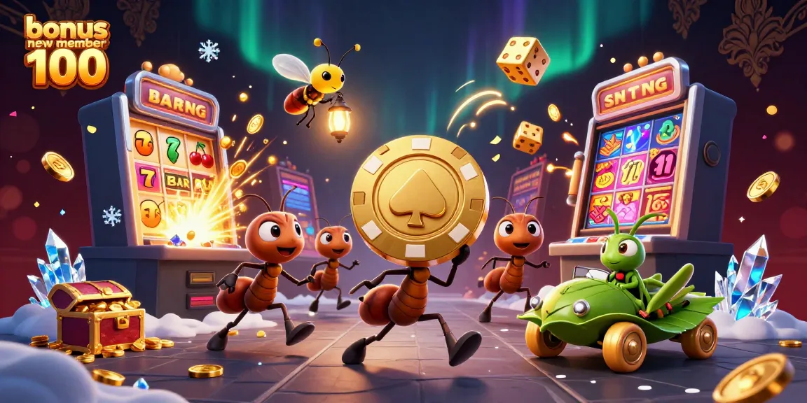 Manfaatkan bonus anggota baru 100 dengan tim kartun semut yang membawa chip poker emas dan mesin slot 3D.