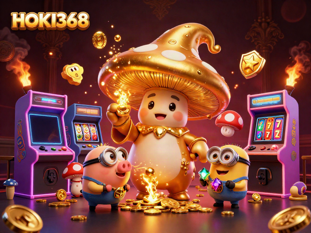 Experience the magic of HOKI368 with a golden mushroom wizard transforming gaming into treasure-filled fun.