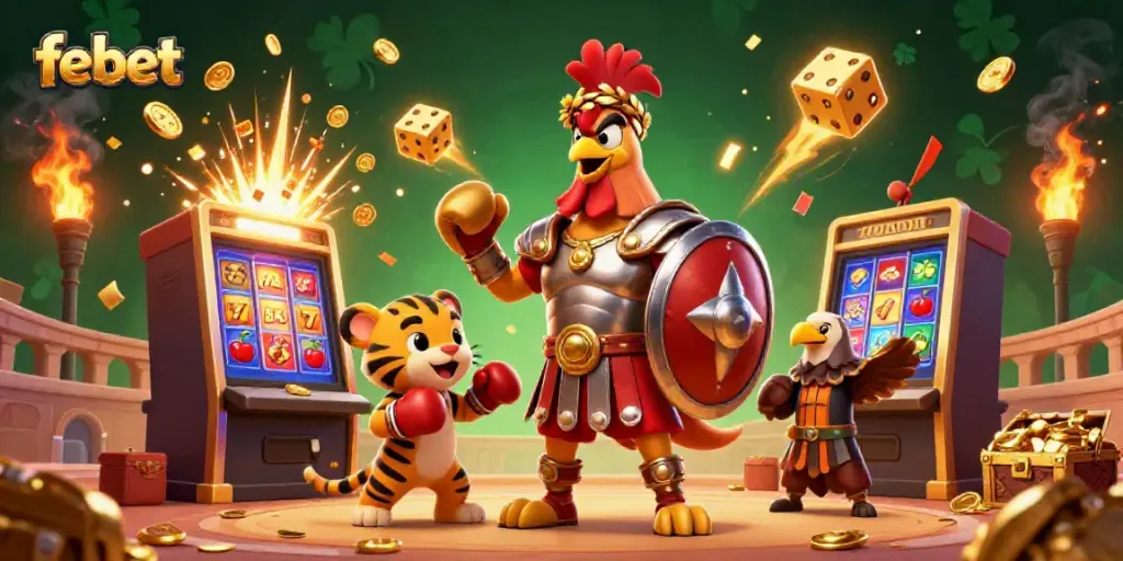 Experience febet's dazzling jackpot atmosphere with a gladiator rooster, tiger cub, and vibrant casino elements.