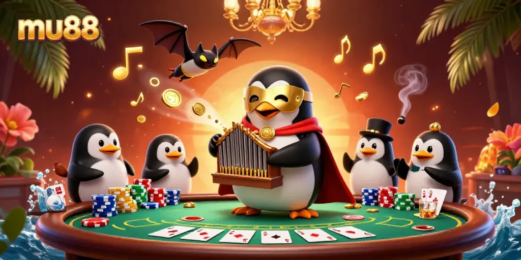 Experience the excitement of mu88 with a 3D penguin playing an organ while golden coins fly around.