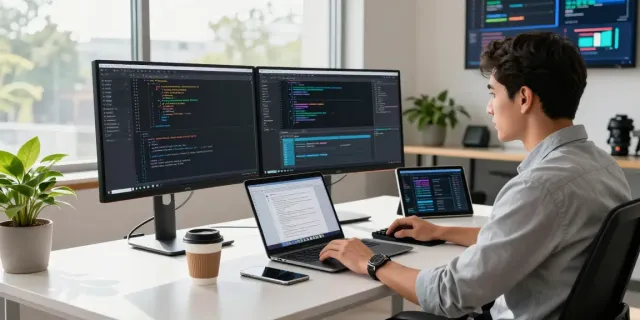 Software developer working at a modern workspace with code on screens, embodying jebol wd technology.