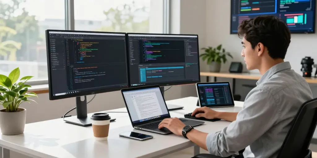 Software developer working at a modern workspace with code on screens, embodying jebol wd technology.