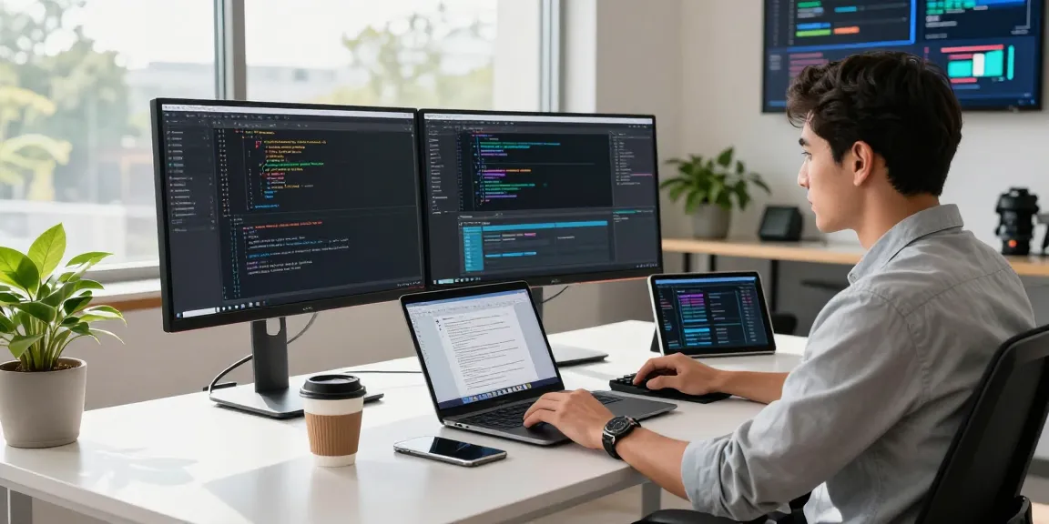 Software developer working at a modern workspace with code on screens, embodying jebol wd technology.