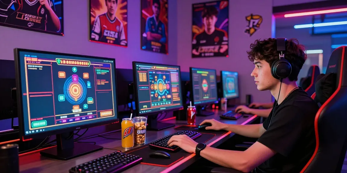 Ruang permainan kingliga dengan gamer serius di depan layar slot digital.
