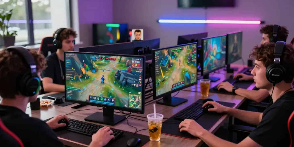 Natunatoto - Pemain game online bersemangat berkumpul di ruang permainan dengan suasana dinamis