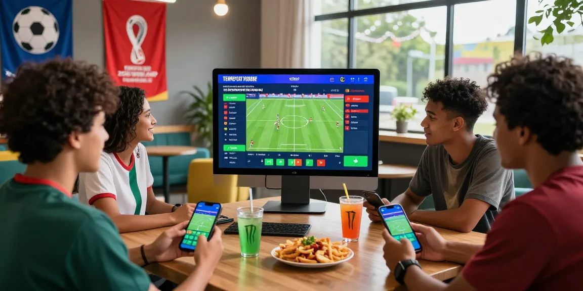 Exciting TEMPOTOTO parlay scene with friends engaging in live soccer betting on digital screens for the 2026 World Cup.