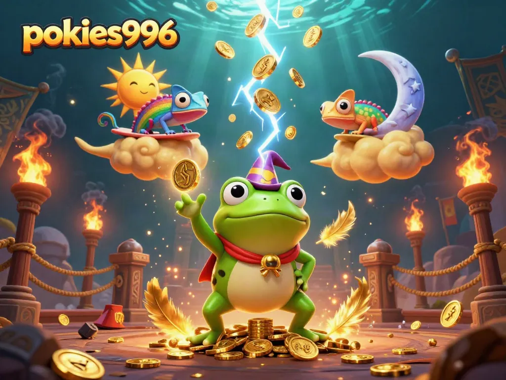 Experience thrilling pokies996 action with golden coins, characters, and casino elements bursting in a vibrant 3D scene.