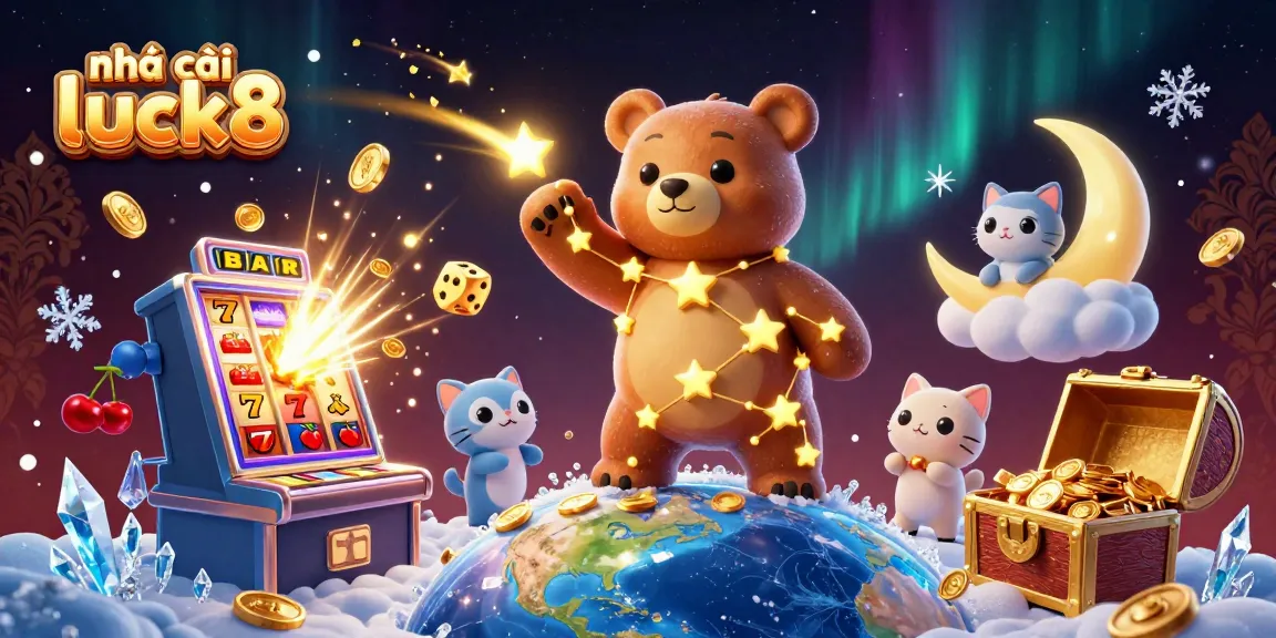 Play exciting games at nhà cái luck8 with a vibrant scene featuring a constellation bear scooping coins and dynamic casino elements.
