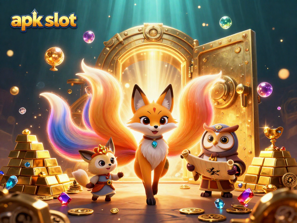 Raih kemenangan dengan apk slot yang mempesona, dalam ilustrasi kasino 3D yang penuh warna dan keberuntungan.