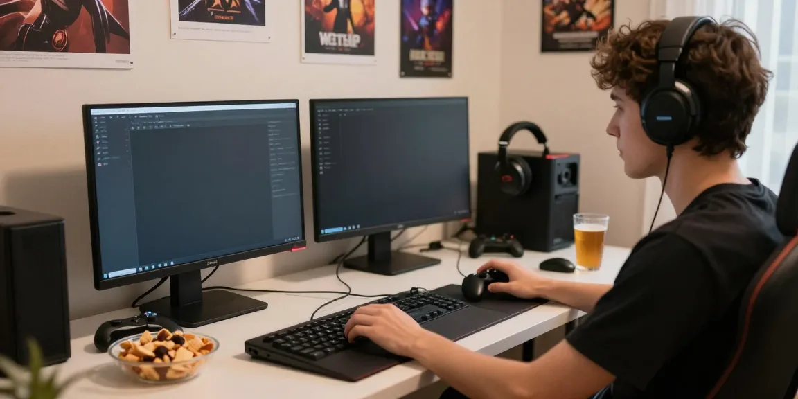 Gamer menikmati platform harum4d di meja kerja nyaman dengan suasana hangat.