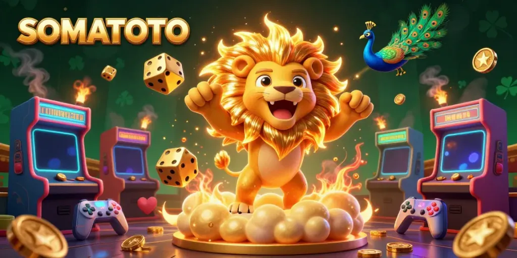 Engage with SOMATOTO's vibrant 3D casino scene featuring a powerful lion, golden dice, and arcade elements.