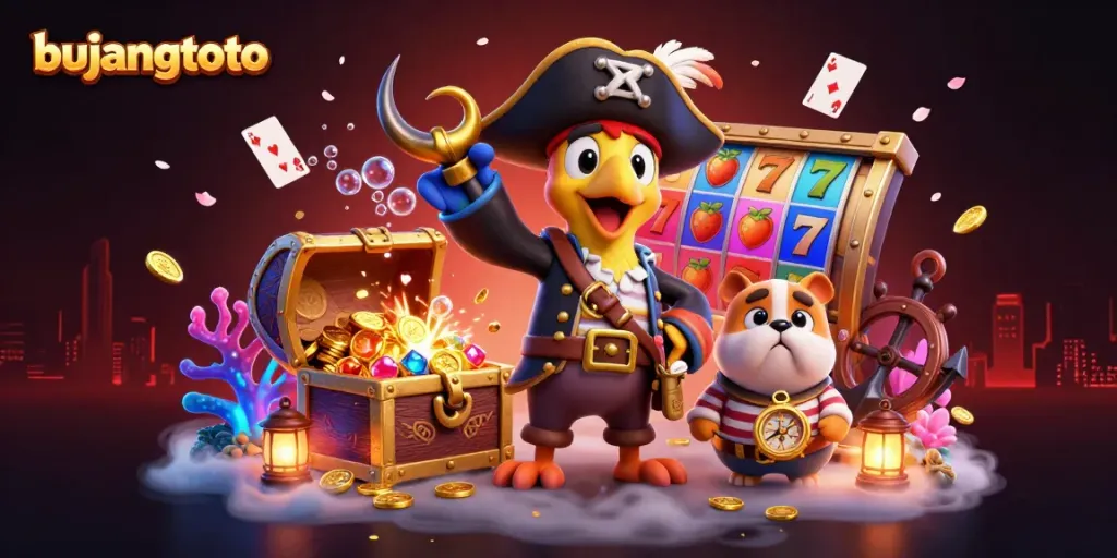Bujangtoto showcases colorful slot reels in a vibrant 3D cartoon scene featuring a pirate parrot, bulldog, and cat.