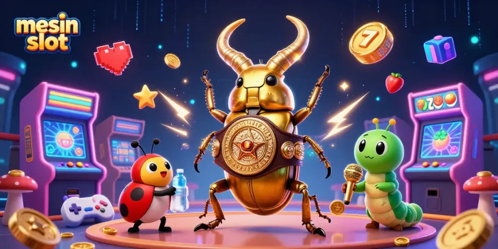 Experience high-energy mesin slot action with a colorful 3D casino illustration featuring charming characters and game elements.