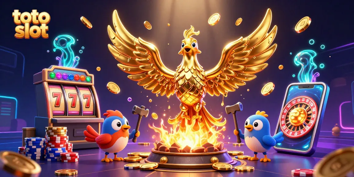 Gambarkan putaran dan kemenangan di permainan toto slot dengan phoenix emas dan koin berkilau.