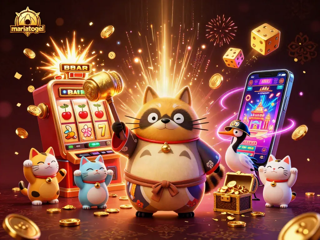Spin to win with mariatogel's vibrant digital casino scene featuring lucky symbols and cheerful characters.