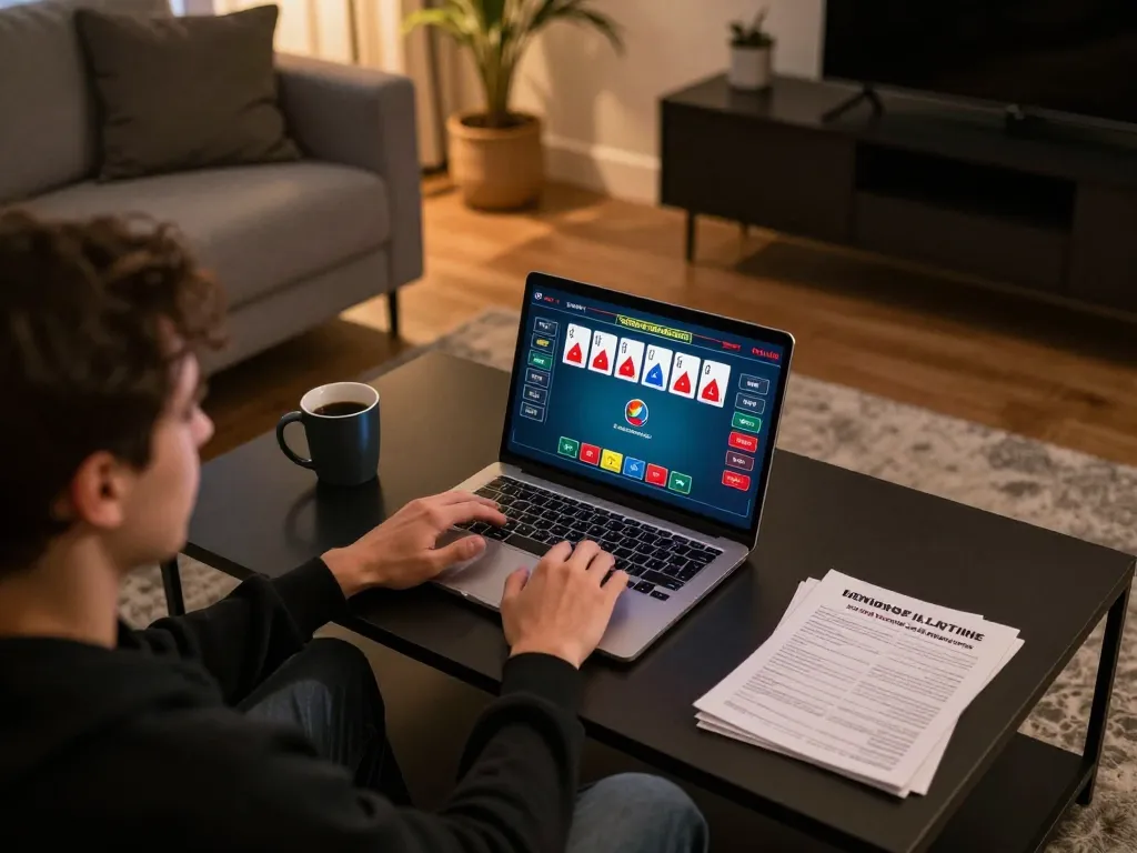 Person enjoying online gaming at home with lc88 poker interface, cozy atmosphere and engaging setup