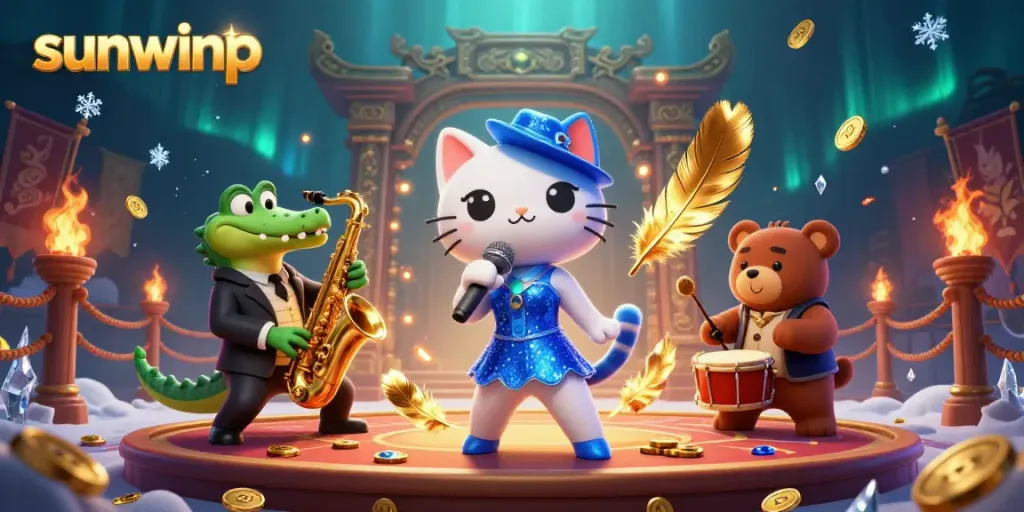 Vibrant illustration of sunwinp themed casino scene with cartoon characters performing jazz.