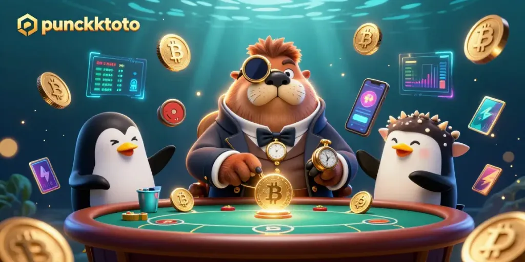 Puncaktoto memimpin permainan di meja poker bawah laut dengan dealer dan pemain yang penuh strategi.