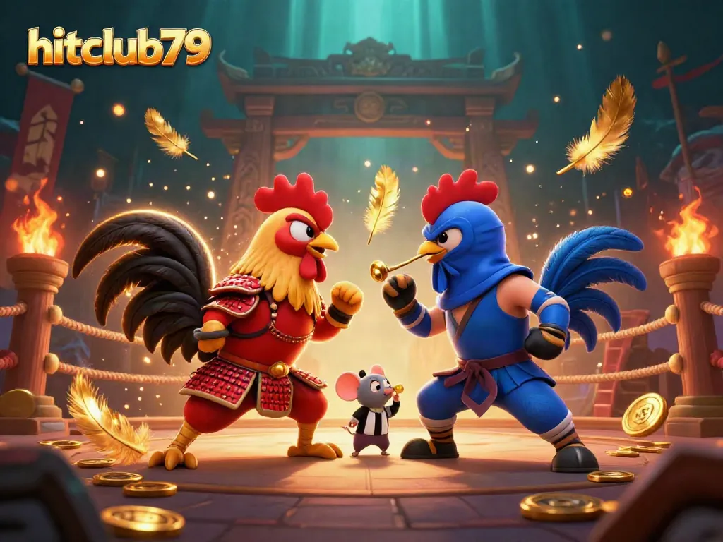 Engage in the vibrant world of hitclub79 with epic roosters clashing in a stunning casino-themed showdown.